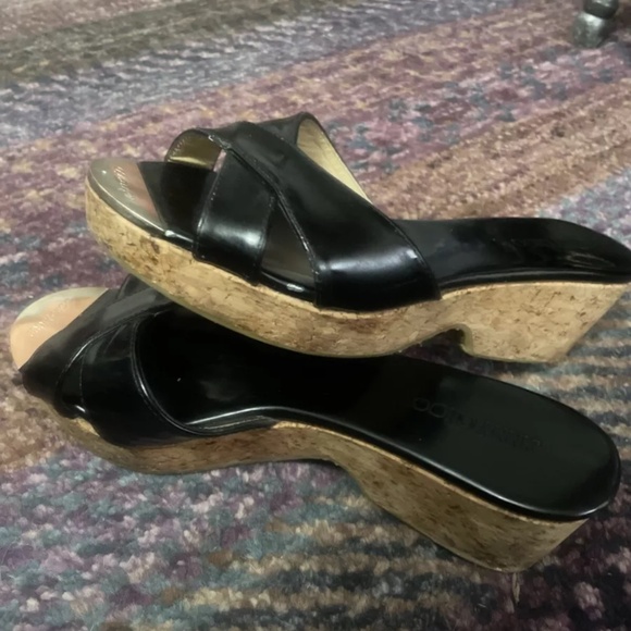 Jimmy Choo Patent Leather Metal Logo Slide Sandal Shoe Cork Wedge Platform - Picture 2 of 11